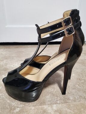 🆕️ LIURUIJIA Black Patent T-Strap Platform Pumps Sz 8.5